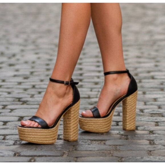 Shoes - Black Platform High Heel Sandals With Woven Straw Sole & Ankle Strap Heel Chic